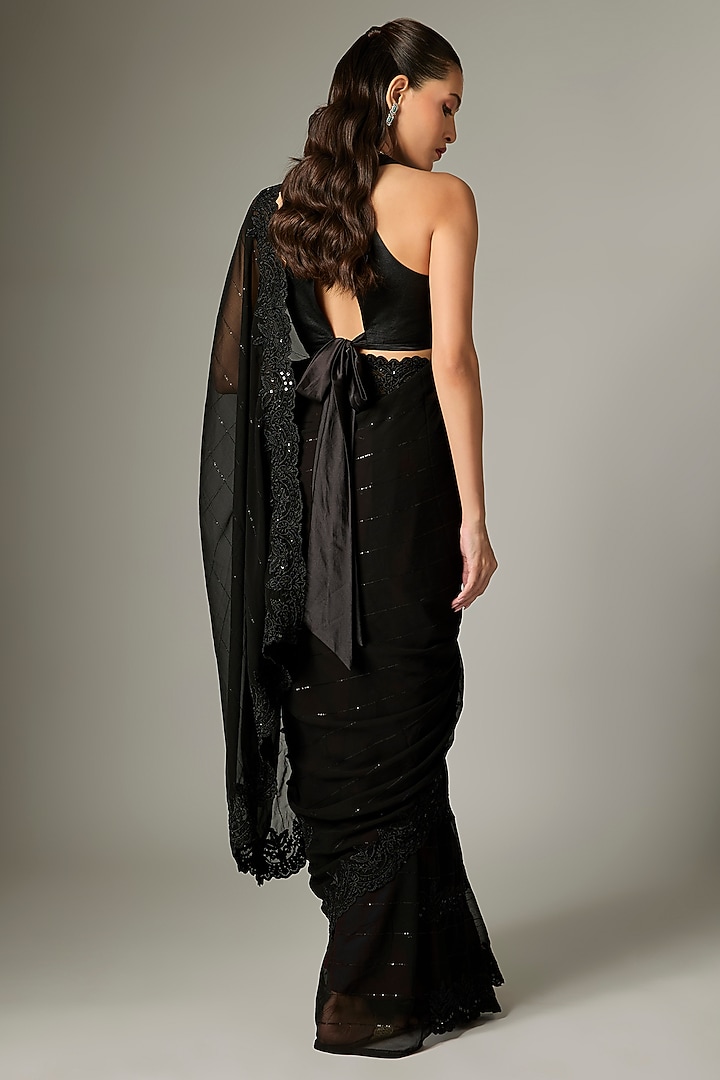 Black Georgette Sequins Embroidered Party Wear Saree Set by Indian Wardrobe at Pernia's Pop Up Shop