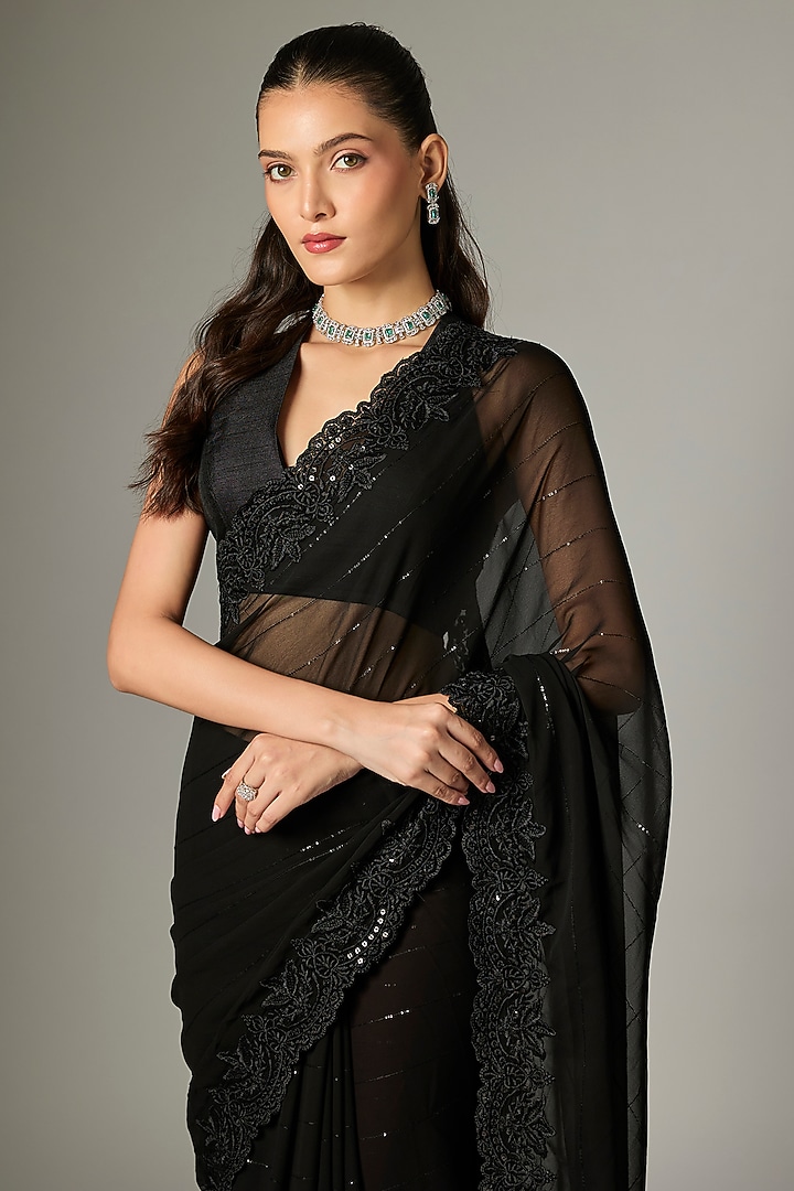 Black Georgette Sequins Embroidered Party Wear Saree Set by Indian Wardrobe at Pernia's Pop Up Shop