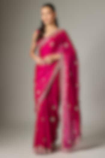 Rani Pink Tissue Silk Embroidered Party Wear Saree Set by Indian Wardrobe at Pernia's Pop Up Shop