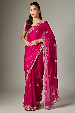 Rani Pink Tissue Silk Embroidered Saree Set by Indian Wardrobe