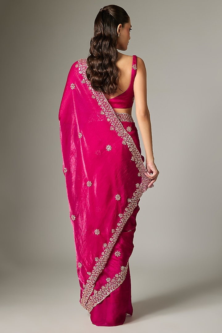 Rani Pink Tissue Silk Embroidered Party Wear Saree Set by Indian Wardrobe at Pernia's Pop Up Shop