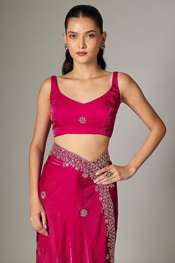 Rani Pink Tissue Silk Embroidered Party Wear Saree Set by Indian Wardrobe at Pernia's Pop Up Shop