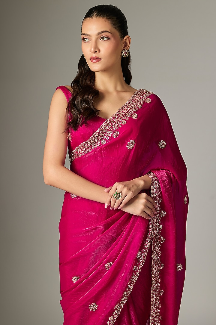 Rani Pink Tissue Silk Embroidered Party Wear Saree Set by Indian Wardrobe at Pernia's Pop Up Shop