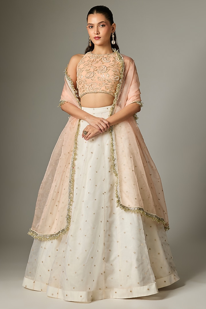 Ivory Tissue Organza Pearl Work Wedding Lehenga Set by Indian Wardrobe at Pernia's Pop Up Shop