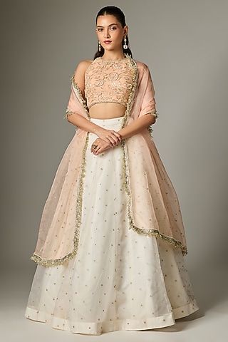 Ivory Tissue Organza Pearl Work Lehenga Set by Indian Wardrobe