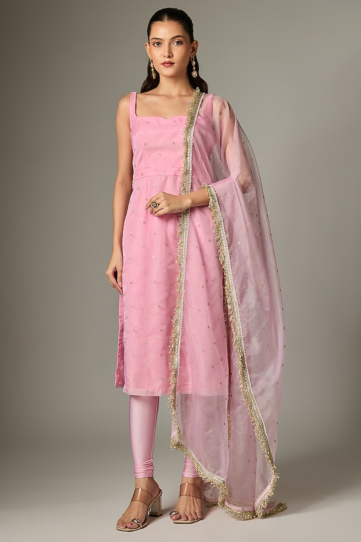 Blush Pink Tissue Organza Kurta Set by Indian Wardrobe at Pernia's Pop Up Shop