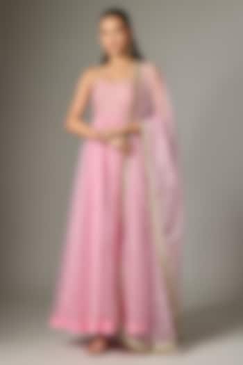 Blush Pink Embroidered Party Wear Anarkali Set by Indian Wardrobe at Pernia's Pop Up Shop