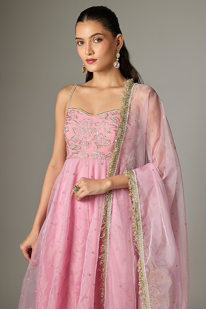 Blush Pink Embroidered Party Wear Anarkali Set by Indian Wardrobe at Pernia's Pop Up Shop
