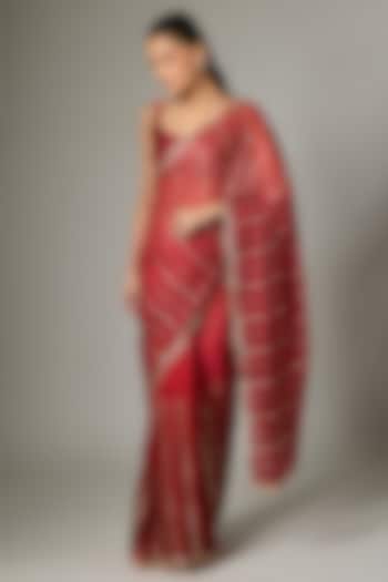 Red Tissue Silk Embroidered Party Wear Saree Set by Indian Wardrobe at Pernia's Pop Up Shop