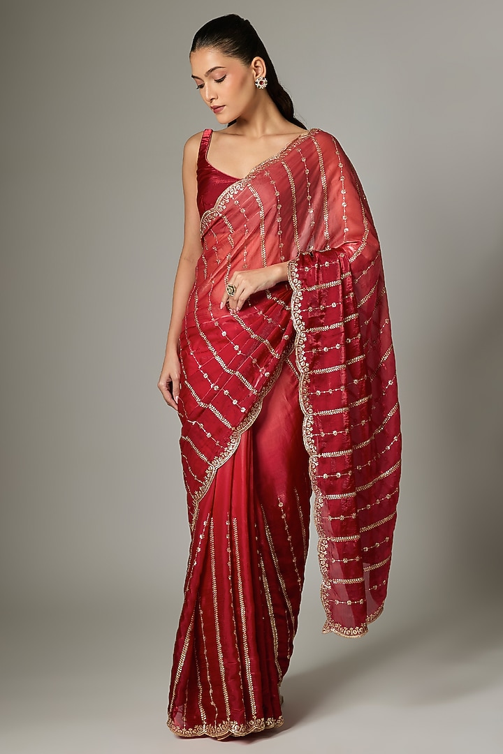 Red Tissue Silk Embroidered Party Wear Saree Set by Indian Wardrobe at Pernia's Pop Up Shop