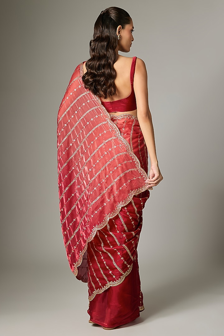Red Tissue Silk Embroidered Party Wear Saree Set by Indian Wardrobe at Pernia's Pop Up Shop