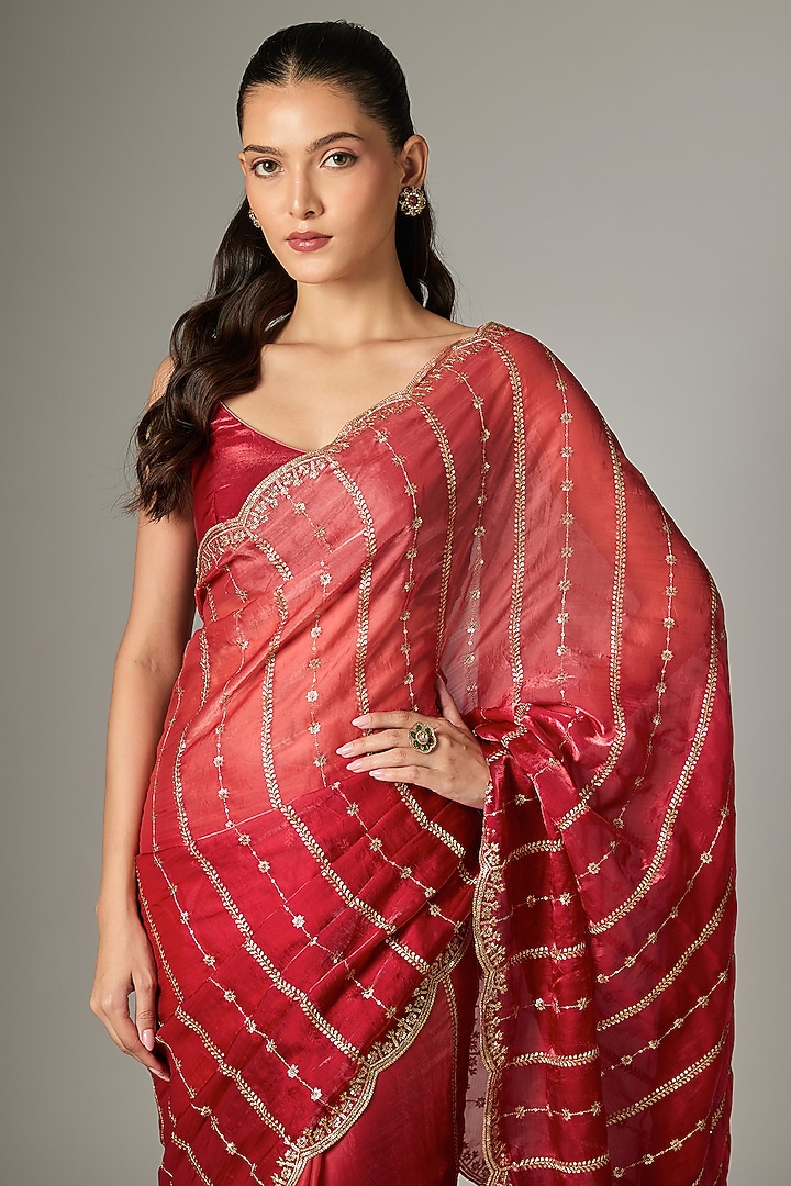 Red Tissue Silk Embroidered Party Wear Saree Set by Indian Wardrobe at Pernia's Pop Up Shop