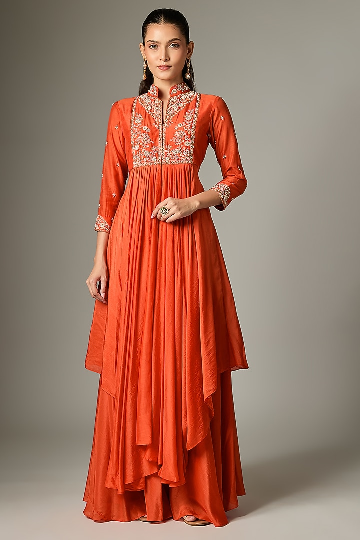 Orange Cotton Silk Zardosi Embroidered Lehenga Set by Indian Wardrobe at Pernia's Pop Up Shop