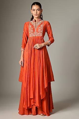 Orange Cotton Silk Zardosi Embroidered Lehenga Set by Indian Wardrobe