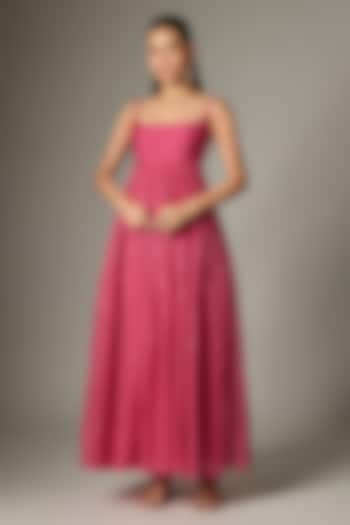 Rani Pink Kota Doria Embroidered Anarkali Set by Indian Wardrobe at Pernia's Pop Up Shop