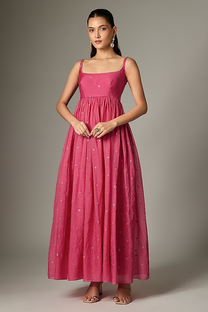 Rani Pink Kota Doria Embroidered Anarkali Set by Indian Wardrobe at Pernia's Pop Up Shop