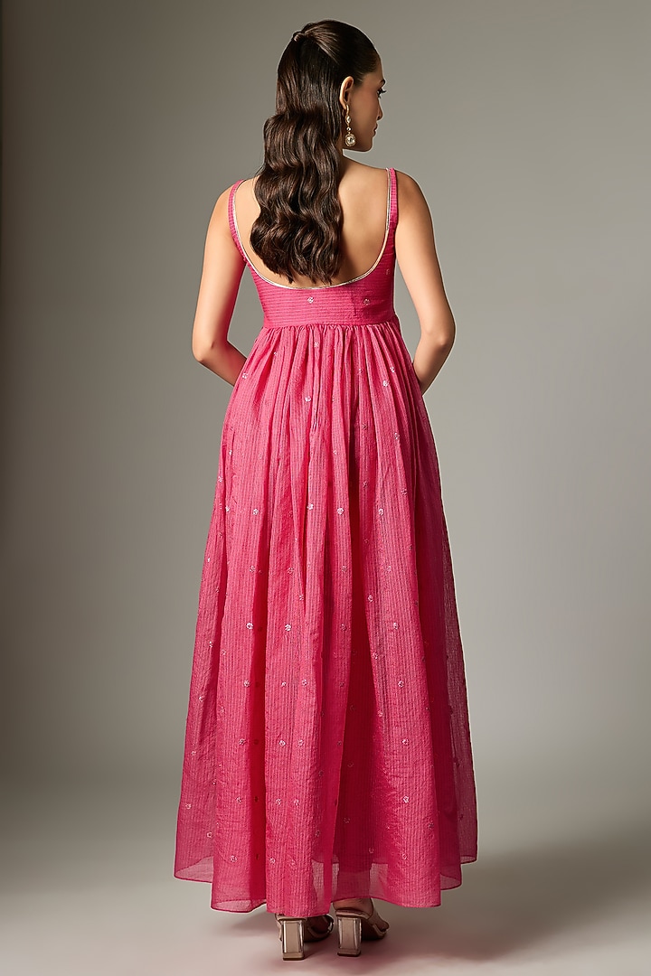 Rani Pink Kota Doria Embroidered Anarkali Set by Indian Wardrobe at Pernia's Pop Up Shop