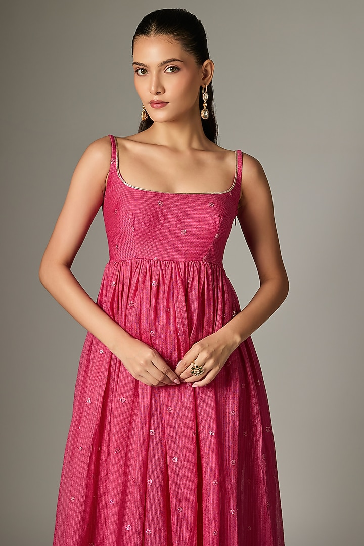 Rani Pink Kota Doria Embroidered Anarkali Set by Indian Wardrobe at Pernia's Pop Up Shop