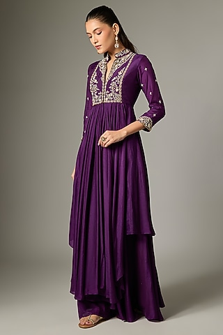 Purple Cotton Silk Zardosi Embroidered Lehenga Set by Indian Wardrobe