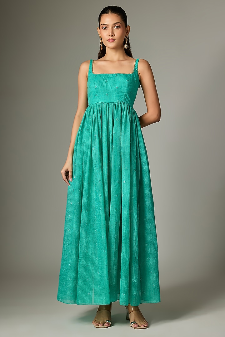 Aqua Kota Doria Embroidered Anarkali Set by Indian Wardrobe at Pernia's Pop Up Shop