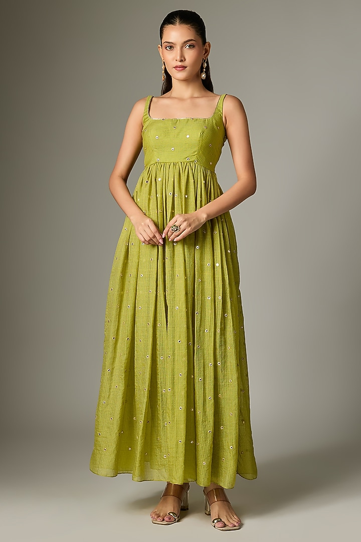 Lime Green Kota Dori Embroidered Anarkali Set by Indian Wardrobe at Pernia's Pop Up Shop