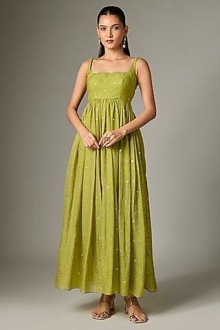 Lime Green Kota Dori Embroidered Anarkali Set by Indian Wardrobe