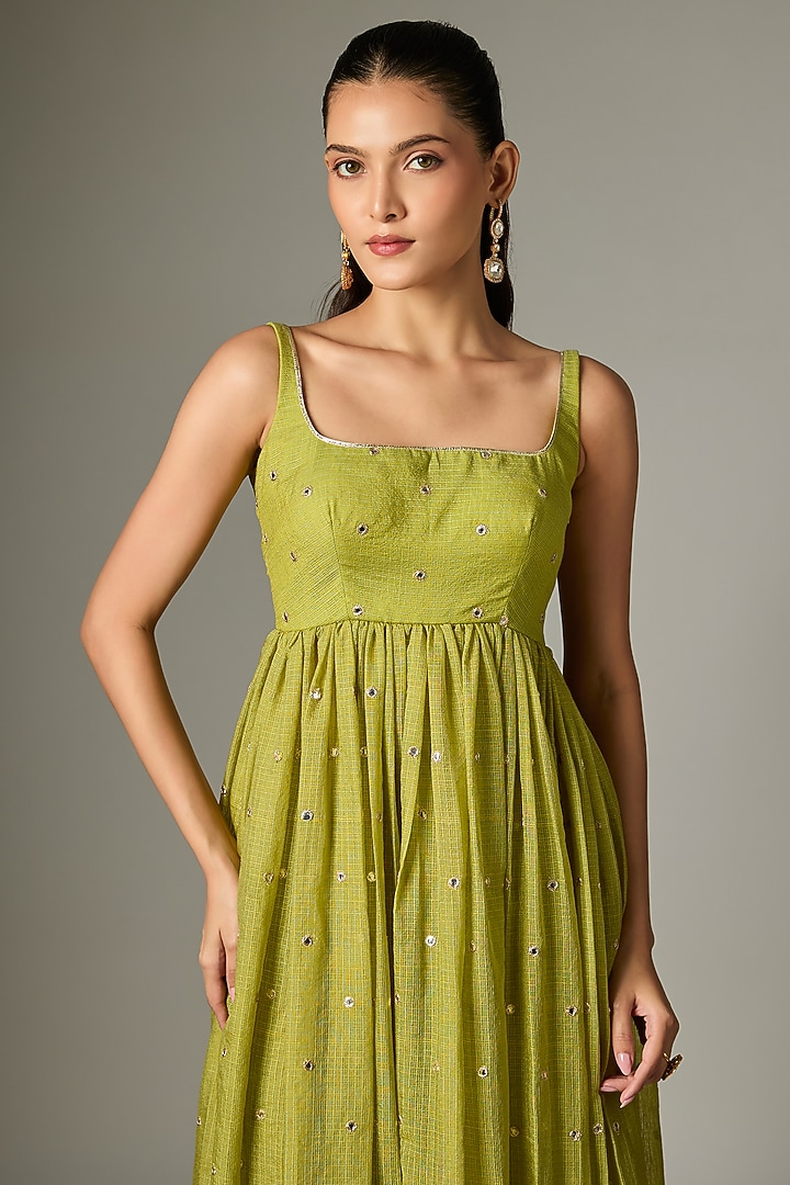 Lime Green Kota Dori Embroidered Anarkali Set by Indian Wardrobe at Pernia's Pop Up Shop