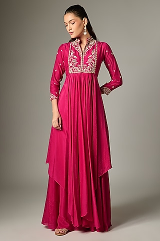 Rani Pink Cotton Silk Zardosi Embroidered Lehenga Set by Indian Wardrobe