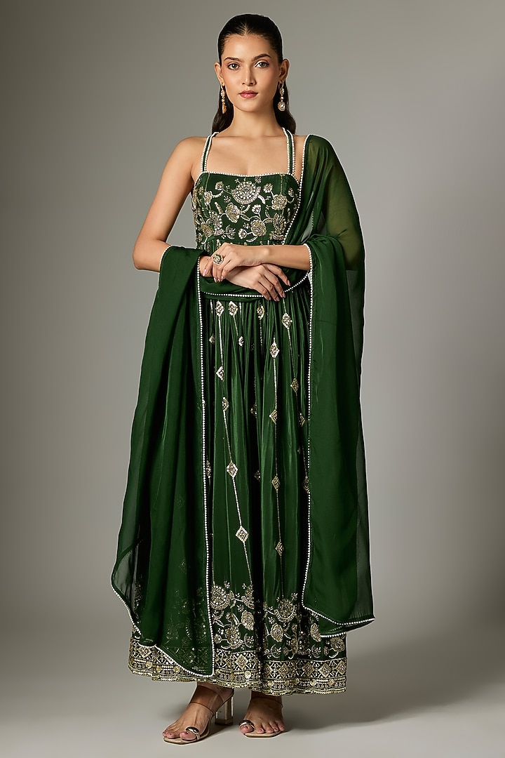 Emerald Green Crepe Embroidered Party Wear Anarkali Set by Indian Wardrobe at Pernia's Pop Up Shop