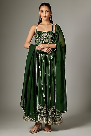 Emerald Green Crepe Embroidered Anarkali Set by Indian Wardrobe
