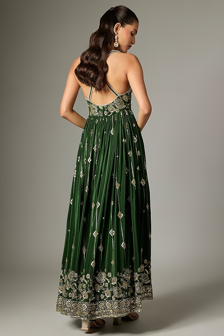 Emerald Green Crepe Embroidered Party Wear Anarkali Set by Indian Wardrobe at Pernia's Pop Up Shop
