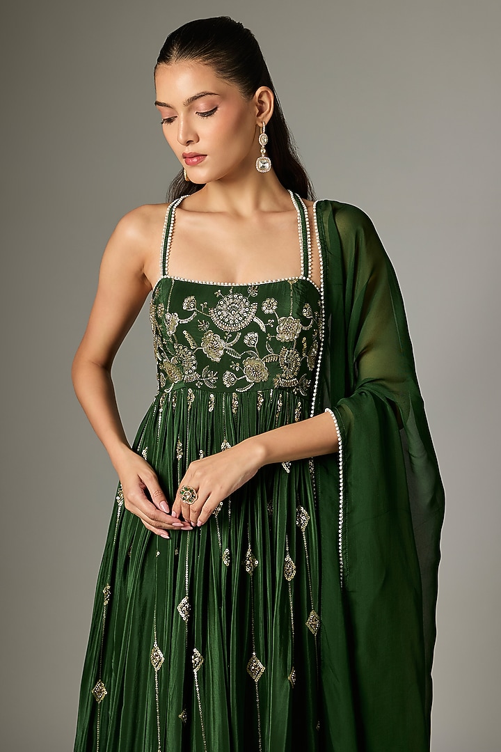 Emerald Green Crepe Embroidered Party Wear Anarkali Set by Indian Wardrobe at Pernia's Pop Up Shop