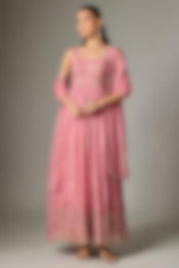 Blush Pink Crepe Embroidered Party Wear Anarkali Set by Indian Wardrobe at Pernia's Pop Up Shop