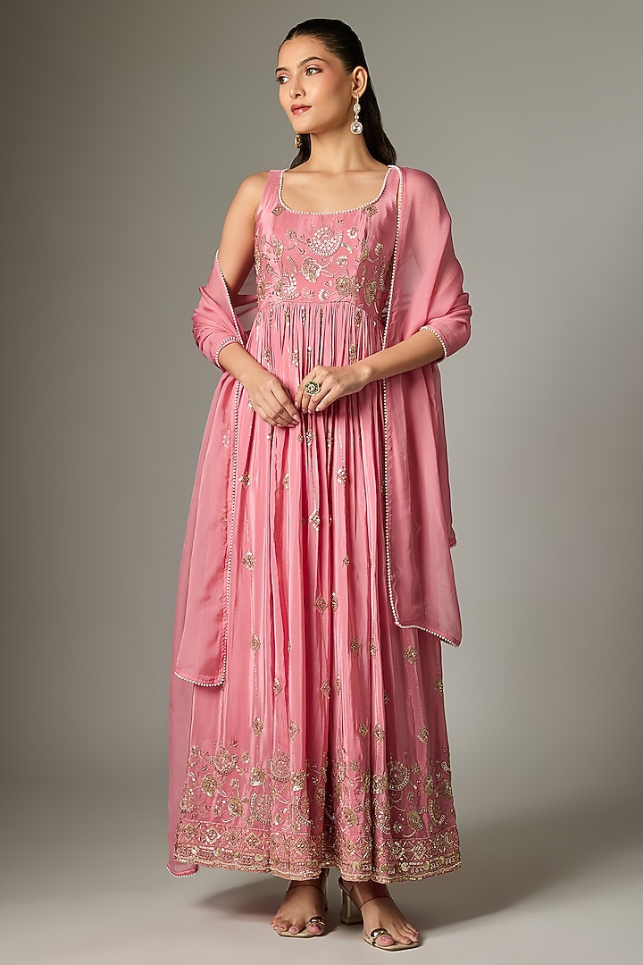 Blush Pink Crepe Embroidered Party Wear Anarkali Set by Indian Wardrobe at Pernia's Pop Up Shop