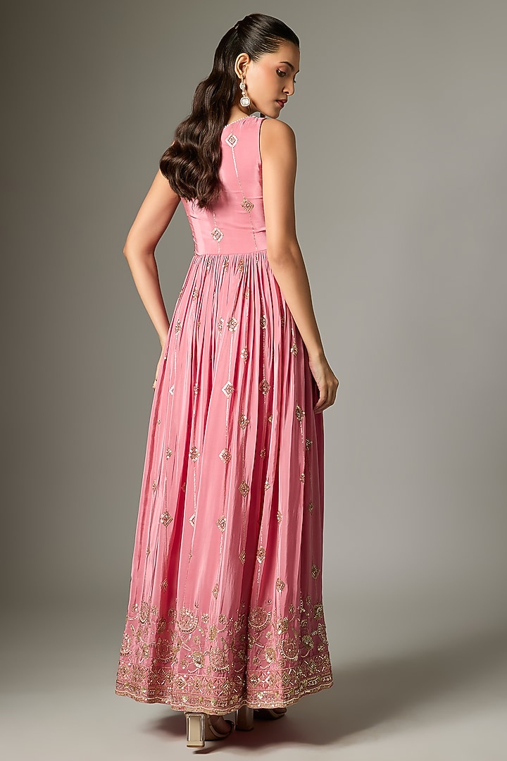 Blush Pink Crepe Embroidered Party Wear Anarkali Set by Indian Wardrobe at Pernia's Pop Up Shop