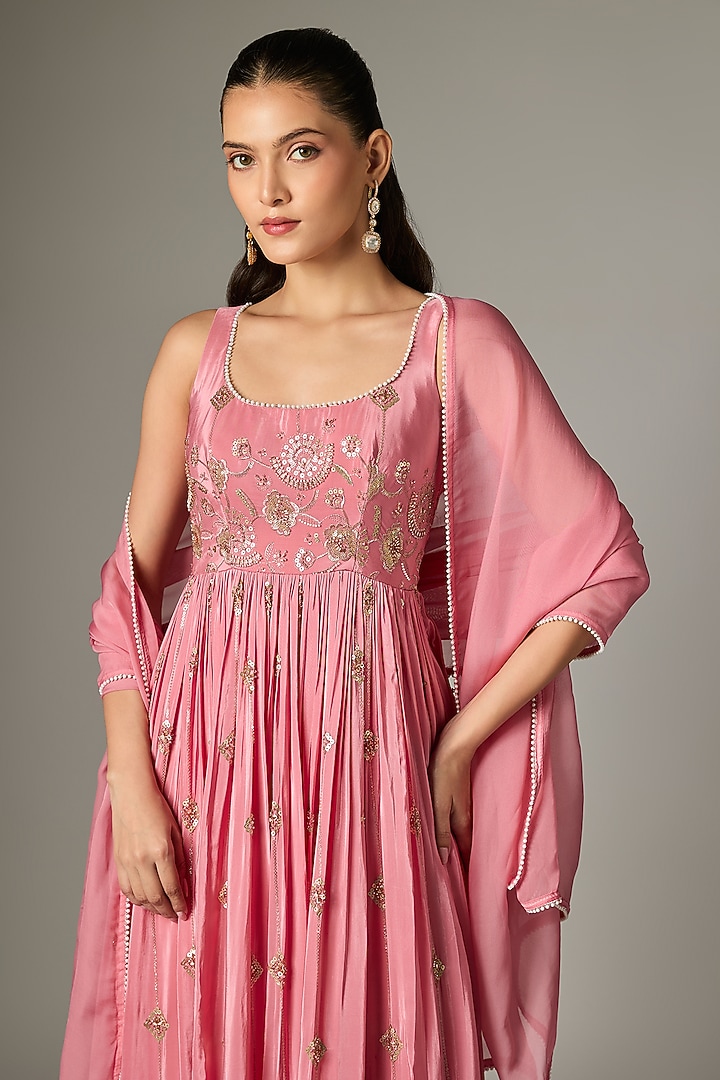 Blush Pink Crepe Embroidered Party Wear Anarkali Set by Indian Wardrobe at Pernia's Pop Up Shop