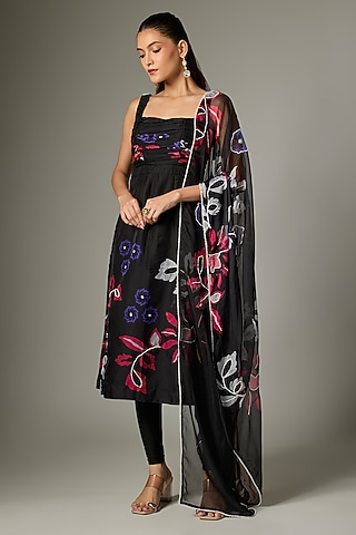 Black Organza Pearl Embroidered Floral Kurta Set by Indian Wardrobe
