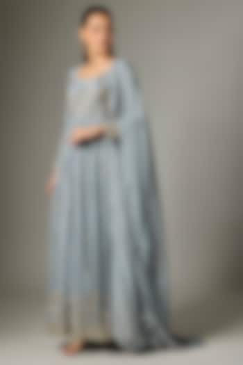 Grey Crepe Embroidered Party Wear Anarkali Set by Indian Wardrobe at Pernia's Pop Up Shop