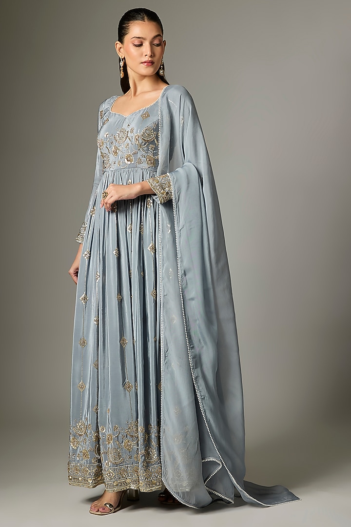 Grey Crepe Embroidered Party Wear Anarkali Set by Indian Wardrobe at Pernia's Pop Up Shop