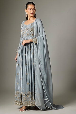 Grey Crepe Embroidered Anarkali Set by Indian Wardrobe