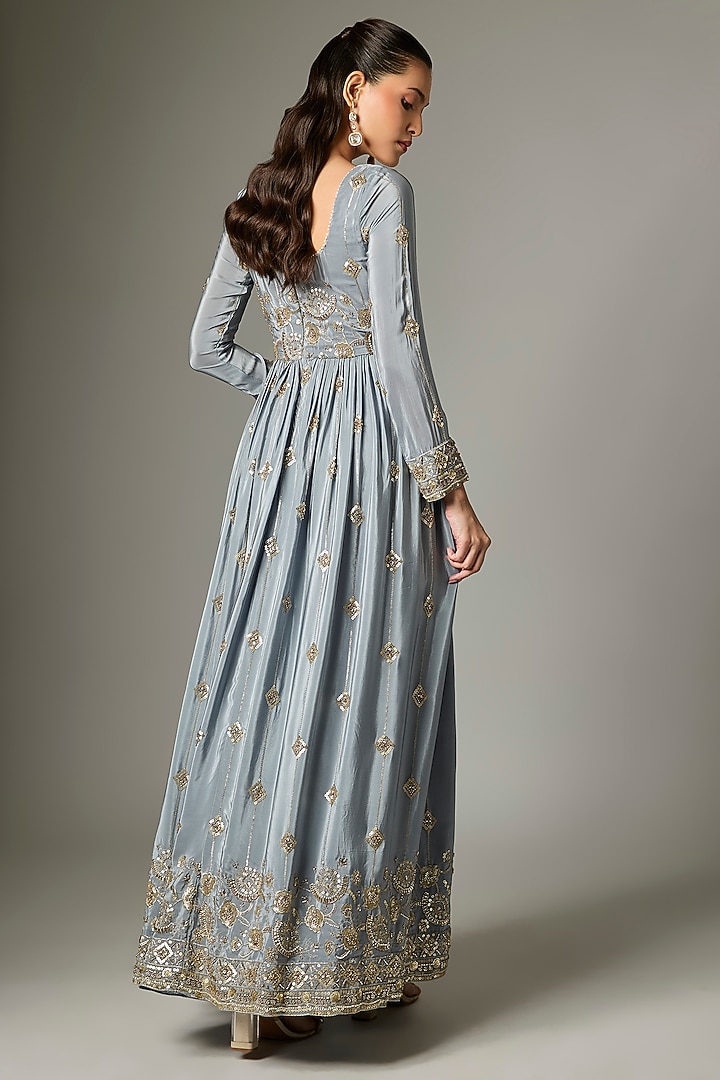 Grey Crepe Embroidered Party Wear Anarkali Set by Indian Wardrobe at Pernia's Pop Up Shop