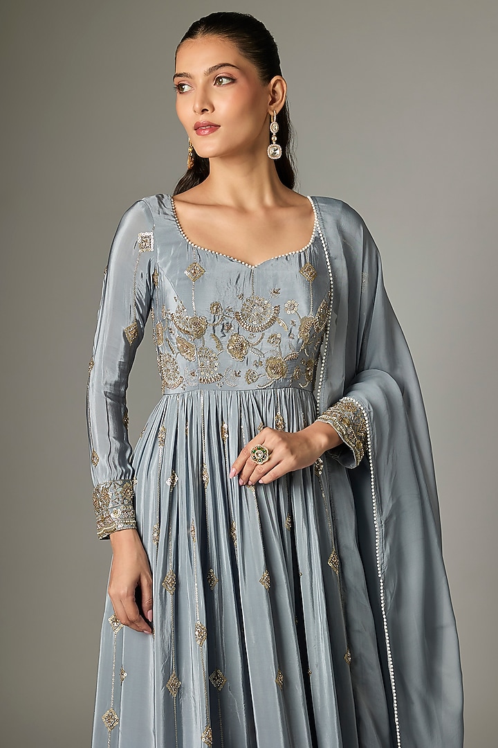 Grey Crepe Embroidered Party Wear Anarkali Set by Indian Wardrobe at Pernia's Pop Up Shop