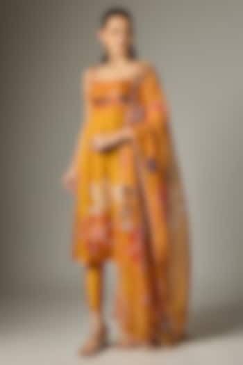 Mustard Organza Pearl Embroidered Kurta Set by Indian Wardrobe at Pernia's Pop Up Shop