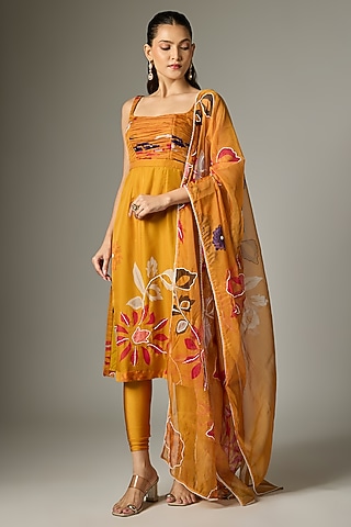 Mustard Organza Pearl Embroidered Kurta Set by Indian Wardrobe