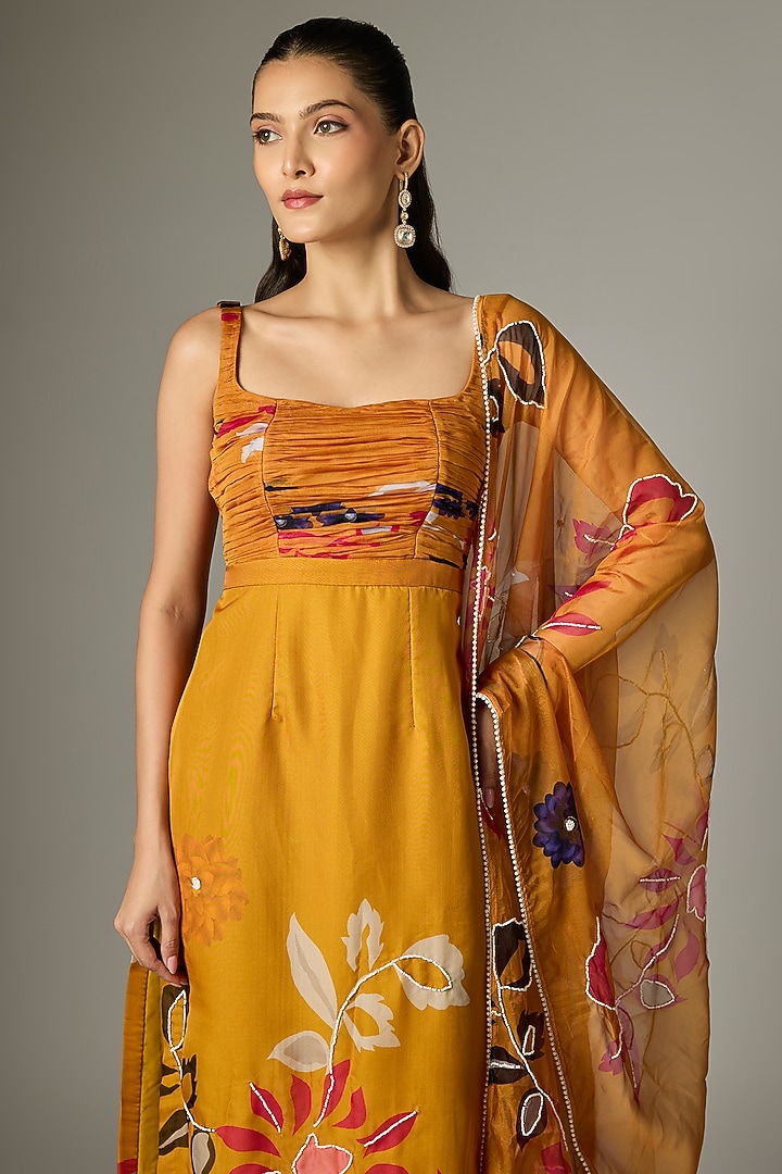 Mustard Organza Pearl Embroidered Kurta Set by Indian Wardrobe at Pernia's Pop Up Shop