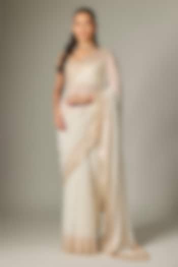 Ivory Georgette Floral Embroidered Party Wear Saree Set by Indian Wardrobe at Pernia's Pop Up Shop
