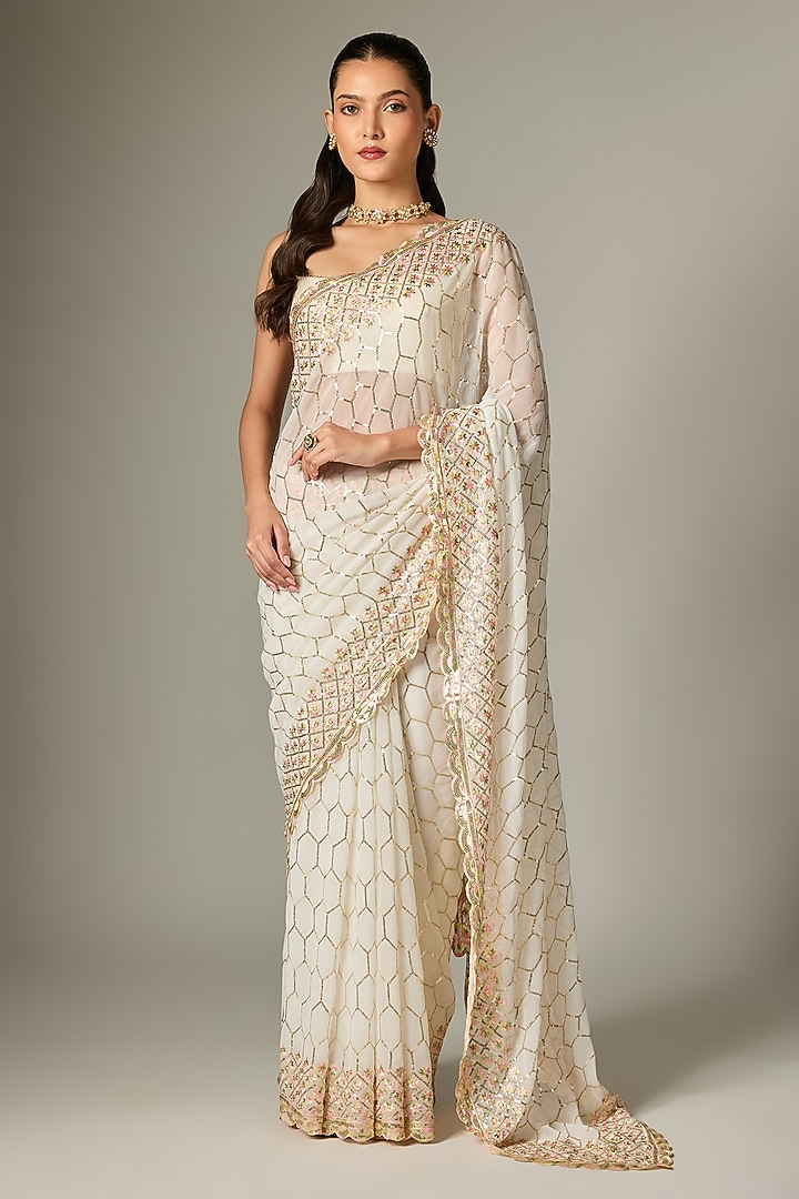 Ivory Georgette Floral Embroidered Party Wear Saree Set by Indian Wardrobe at Pernia's Pop Up Shop
