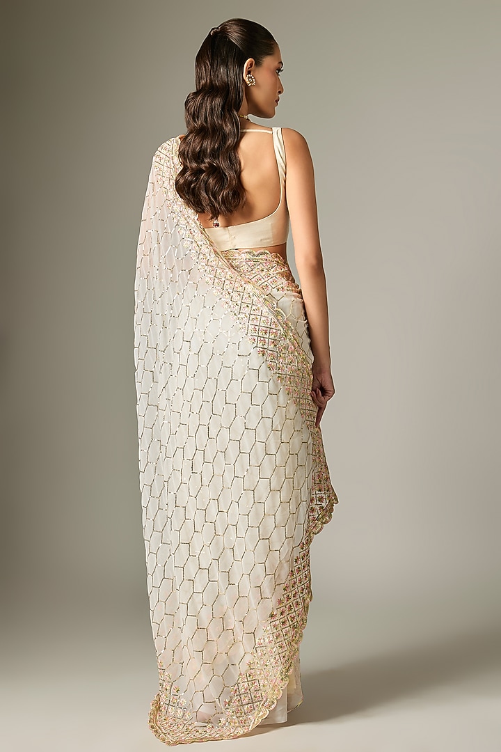 Ivory Georgette Floral Embroidered Party Wear Saree Set by Indian Wardrobe at Pernia's Pop Up Shop