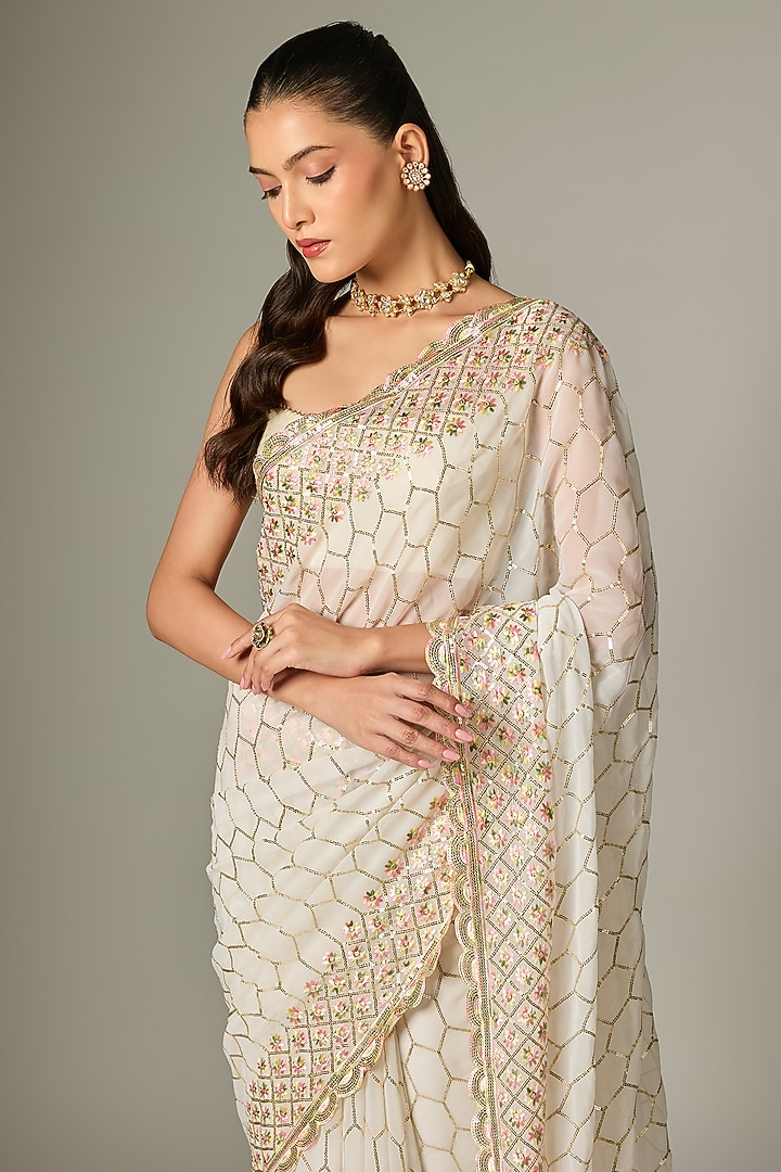 Ivory Georgette Floral Embroidered Party Wear Saree Set by Indian Wardrobe at Pernia's Pop Up Shop