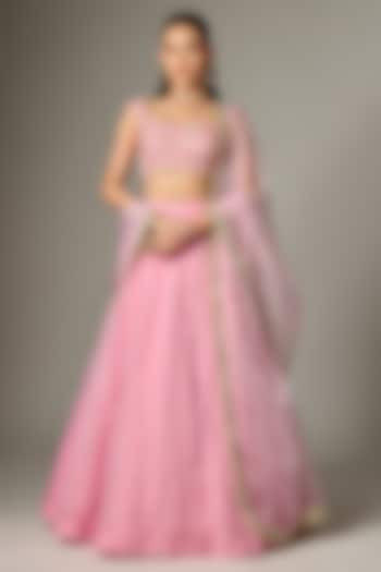 Blush Pink Tissue Organza Pearl Embroidered Wedding Lehenga Set by Indian Wardrobe at Pernia's Pop Up Shop